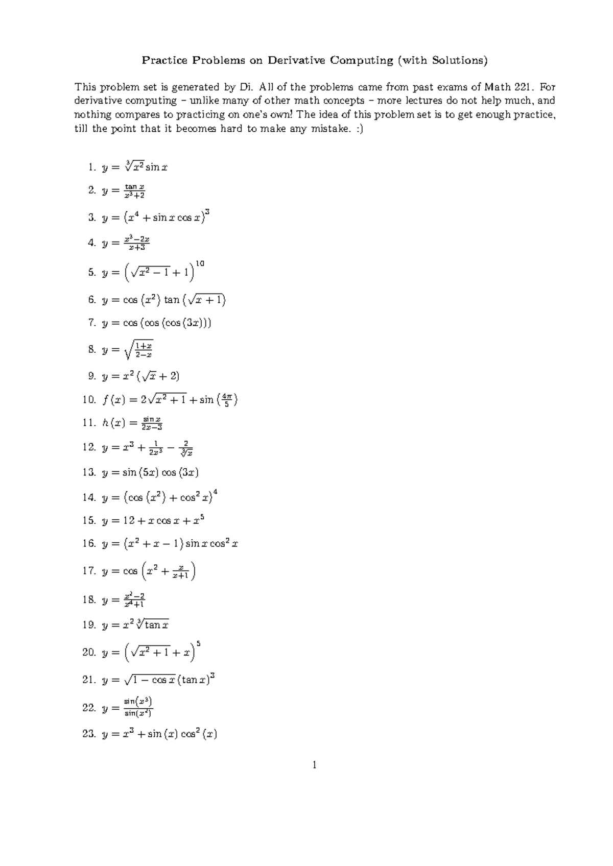 Derivative Practice - Practice Problems on Derivative Computing (with ...