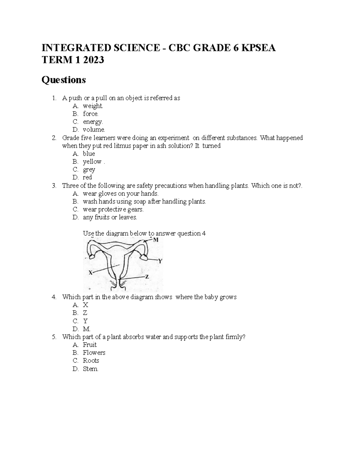 Integrated Science 1 Term 1 Questions for CBC Grade 6 KPSEA Exam - Studocu