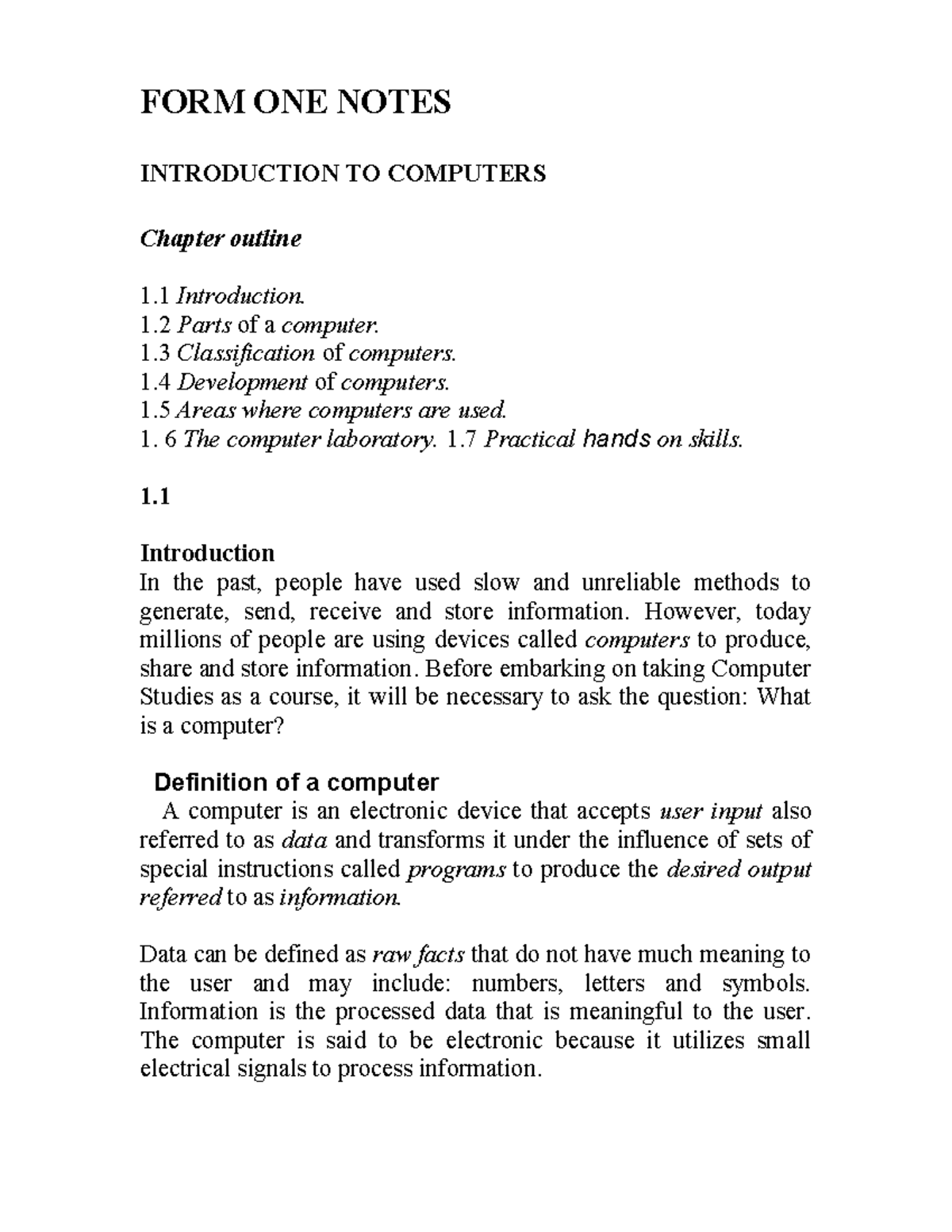 FORM 1 COMPUTER STUDIES NOTES: Chapter Overview and Key Concepts - Studocu
