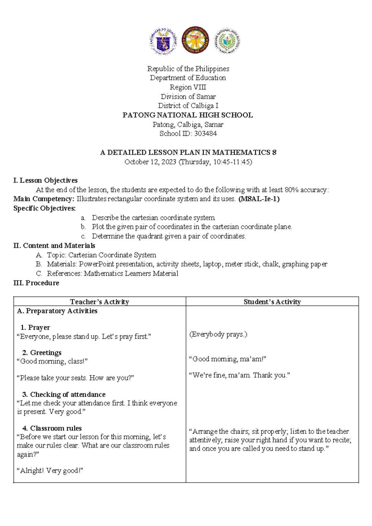COT MATH 8 Final: Detailed Lesson Plan on Cartesian Coordinate System ...