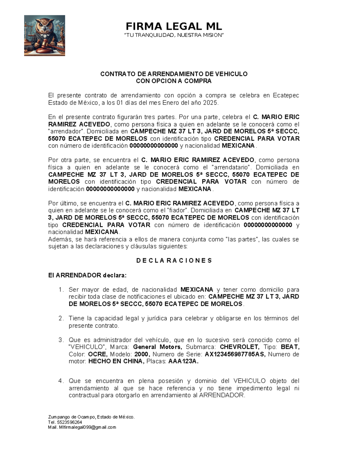 Contrato de Arrendamiento Vehicular con Opción a Compra - 2025 - Document Preview