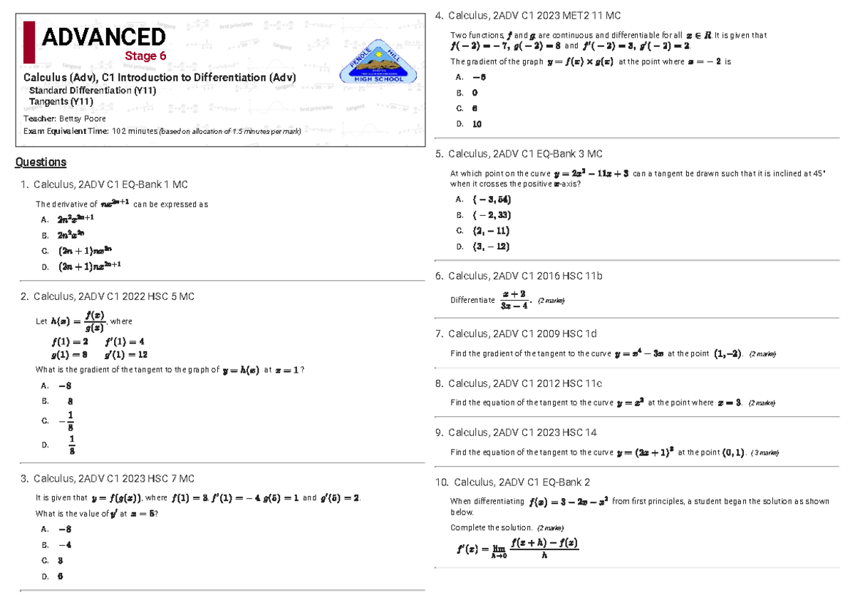 Calculus 2ADV C1 2023 Differentiation Notes and Worked Solutions - Studocu