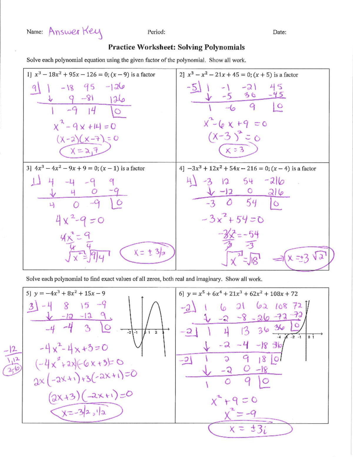Solving polynomials Answer KEY - MATH55 - Name: Answerkey Period: Date ...