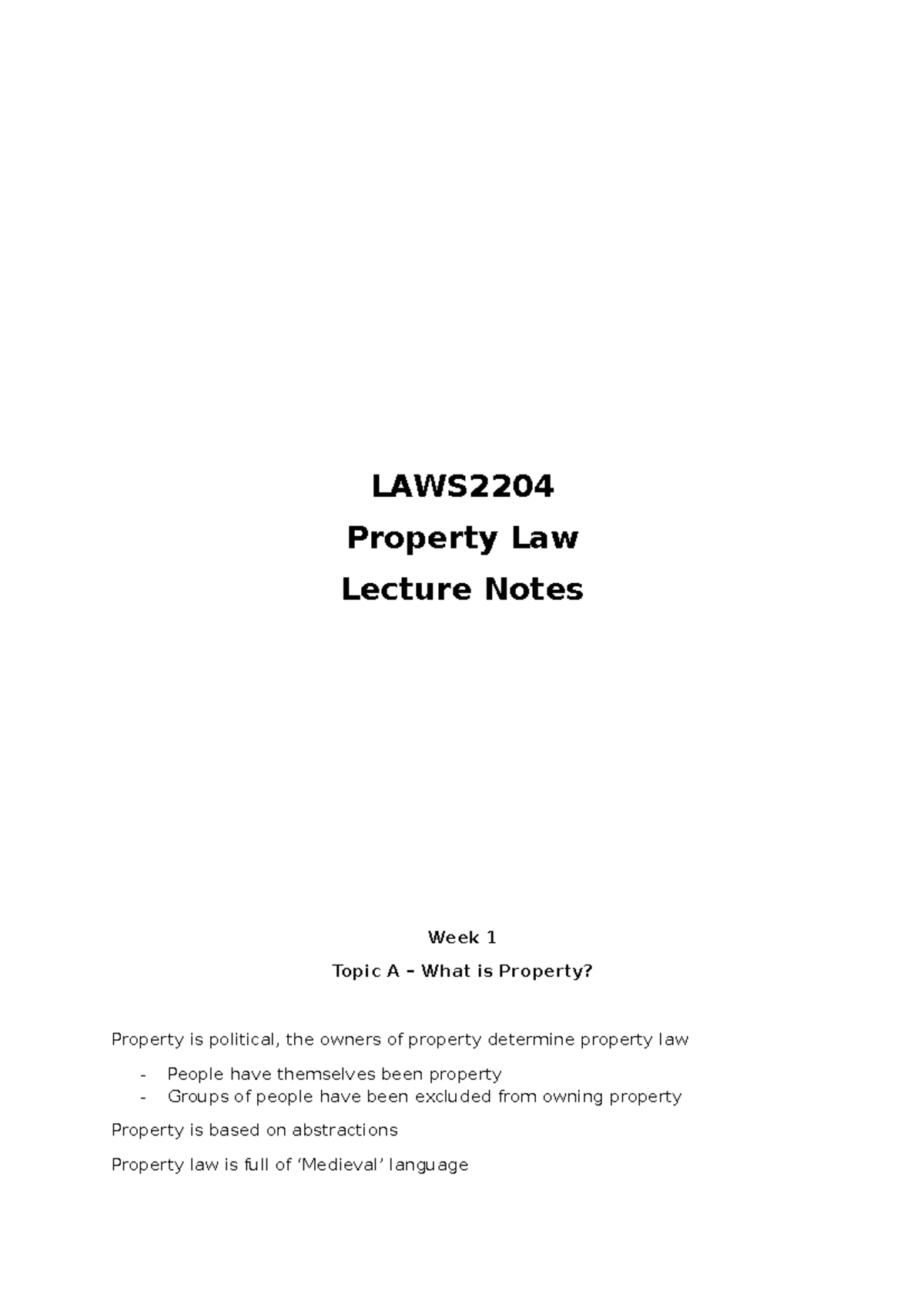 Property Law Lecture Notes (LAWS) - Key Concepts & Cases - Studocu