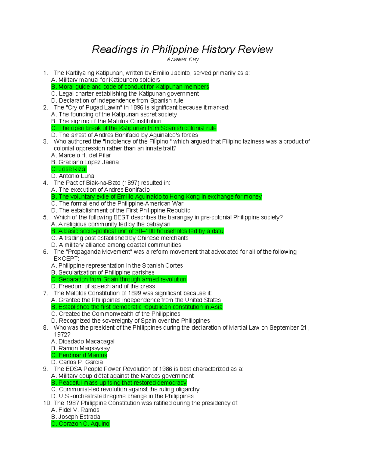 RPH 101 Final Exam Review Answer Key: Philippine History Insights - Studocu