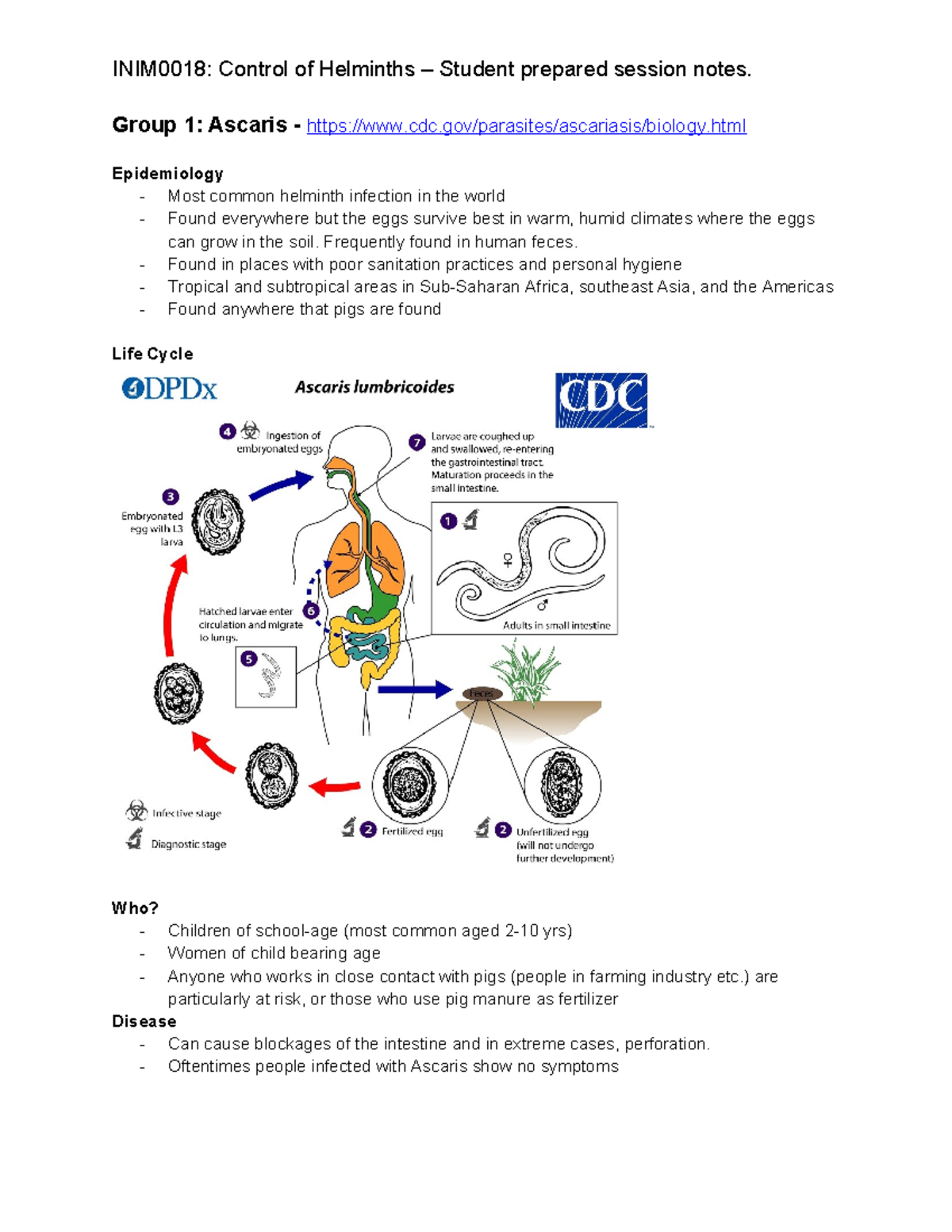 Control of Helminth Infections: Group Notes 2023 - Ascaris, Hookworm ...