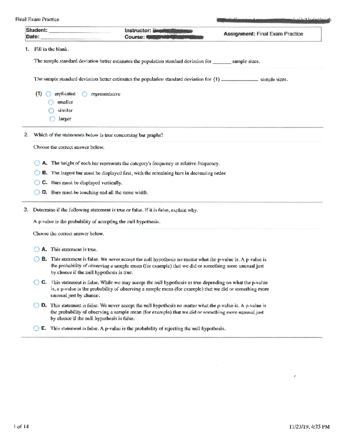 Final Exam Practice Review for STAT 113 - Studocu