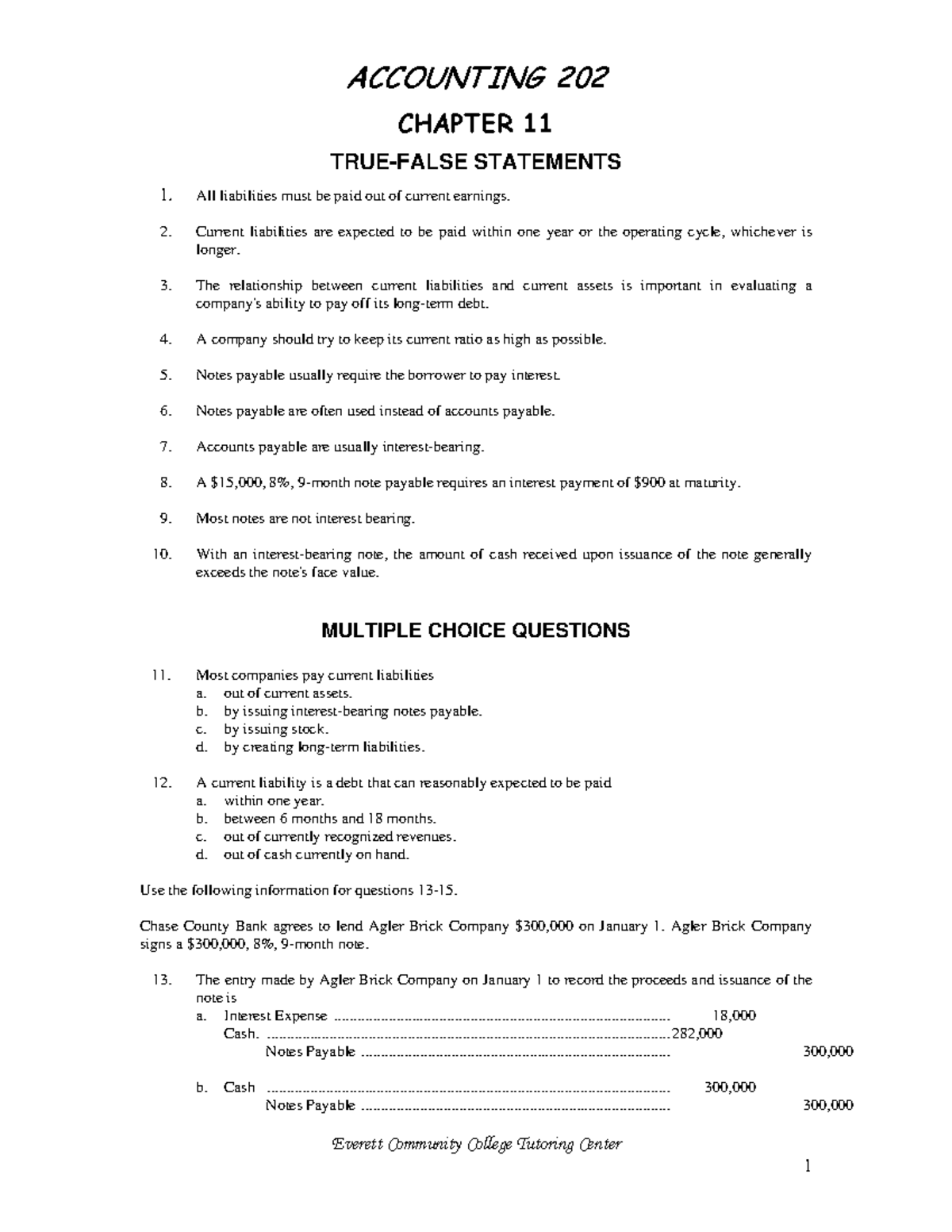 146559770 Accounting 202 Chapter 11 Test: T/F & MCQ Answers - Studocu