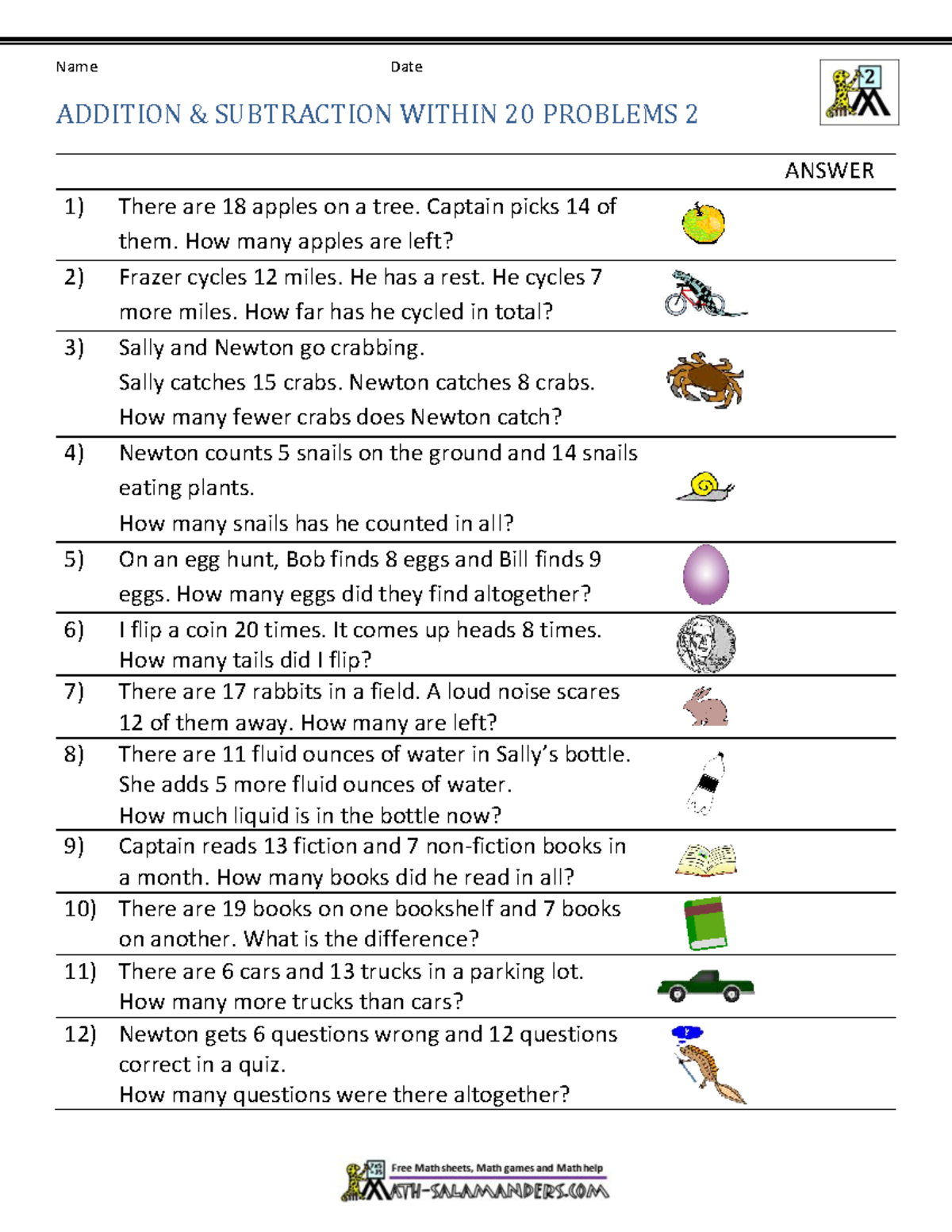 Addition & Subtraction Within 20: Word Problems 2 - Studocu