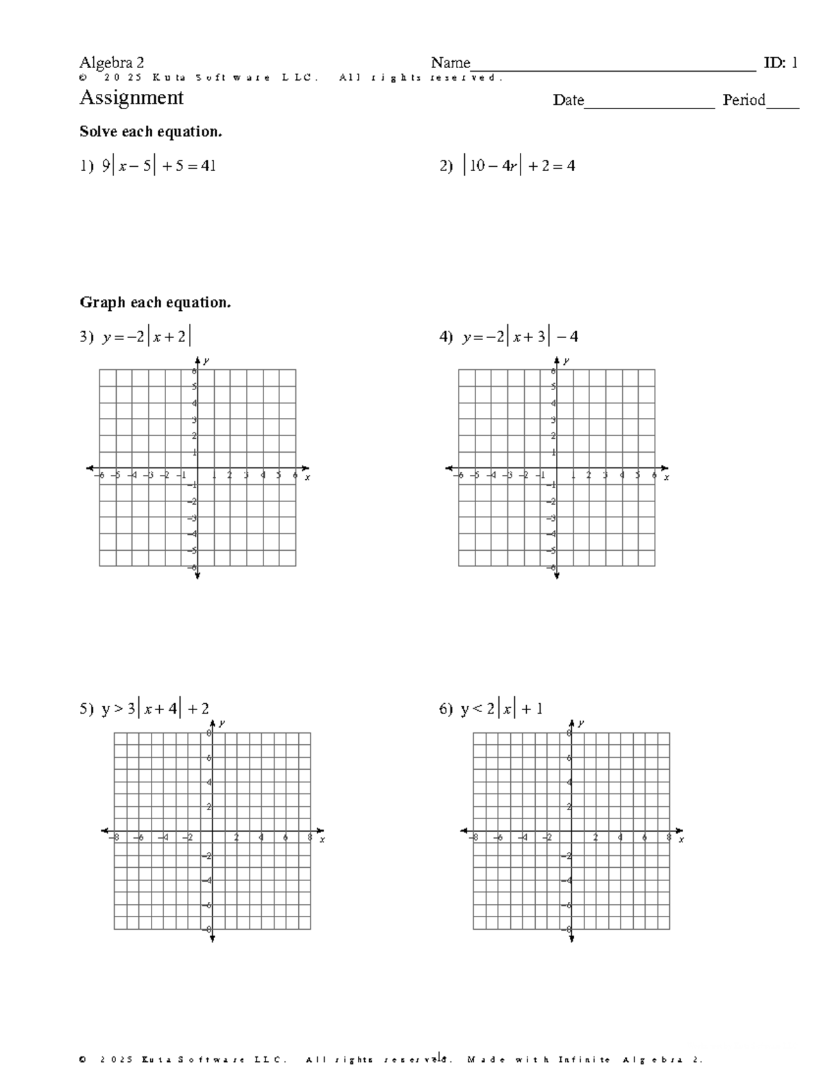 Algebra 2 U2D3 AV HWK: Solving & Graphing Absolute Value Equations ...