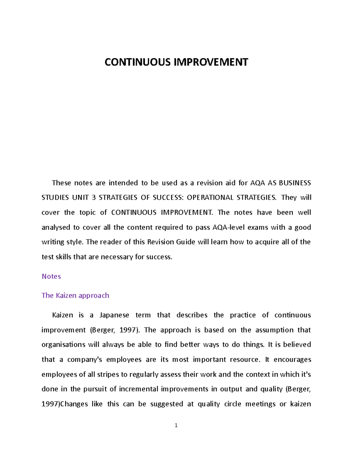 Continuous-improvement - CONTINUOUS IMPROVEMENT These notes are ...