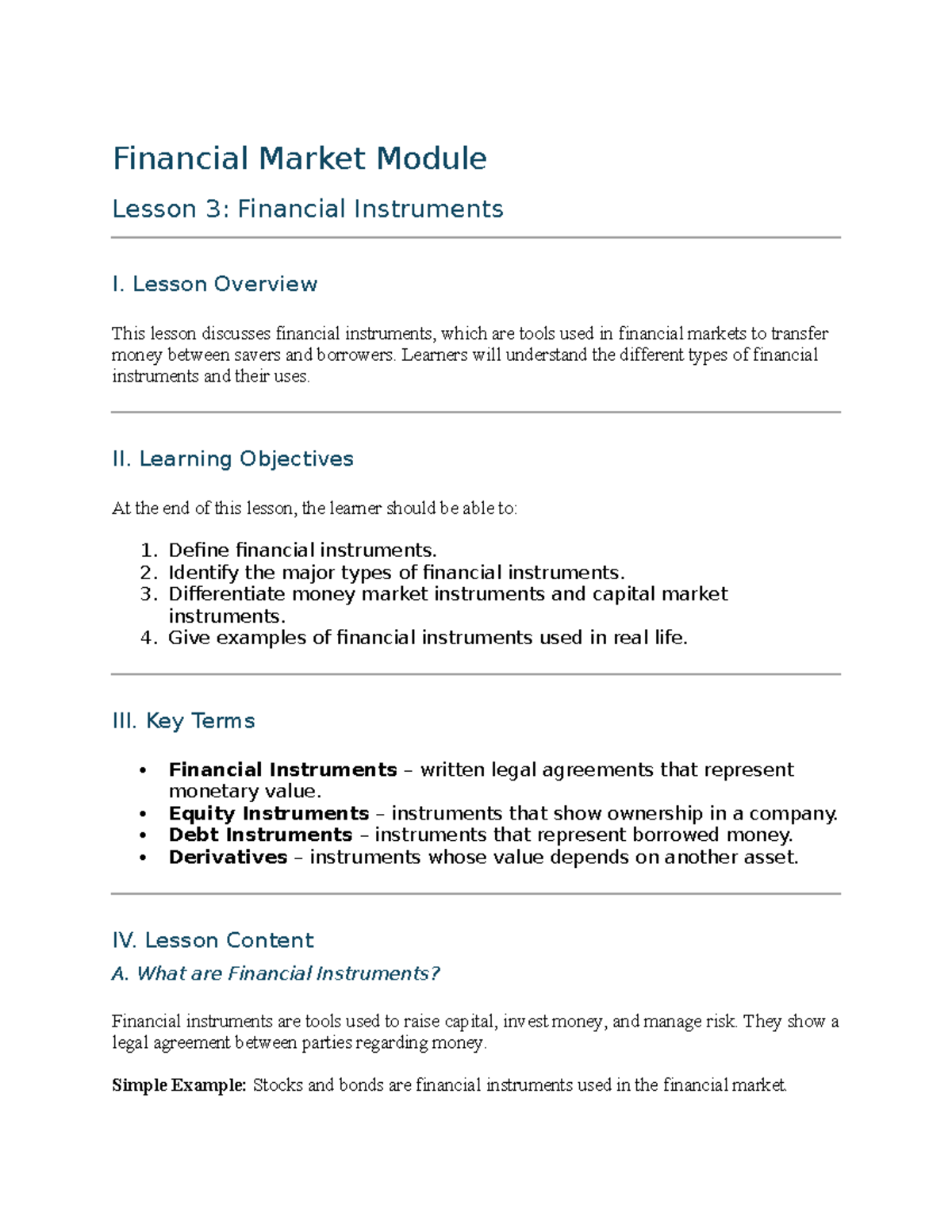 FM3 - Lesson 3: Overview of Financial Instruments in Markets - Studocu