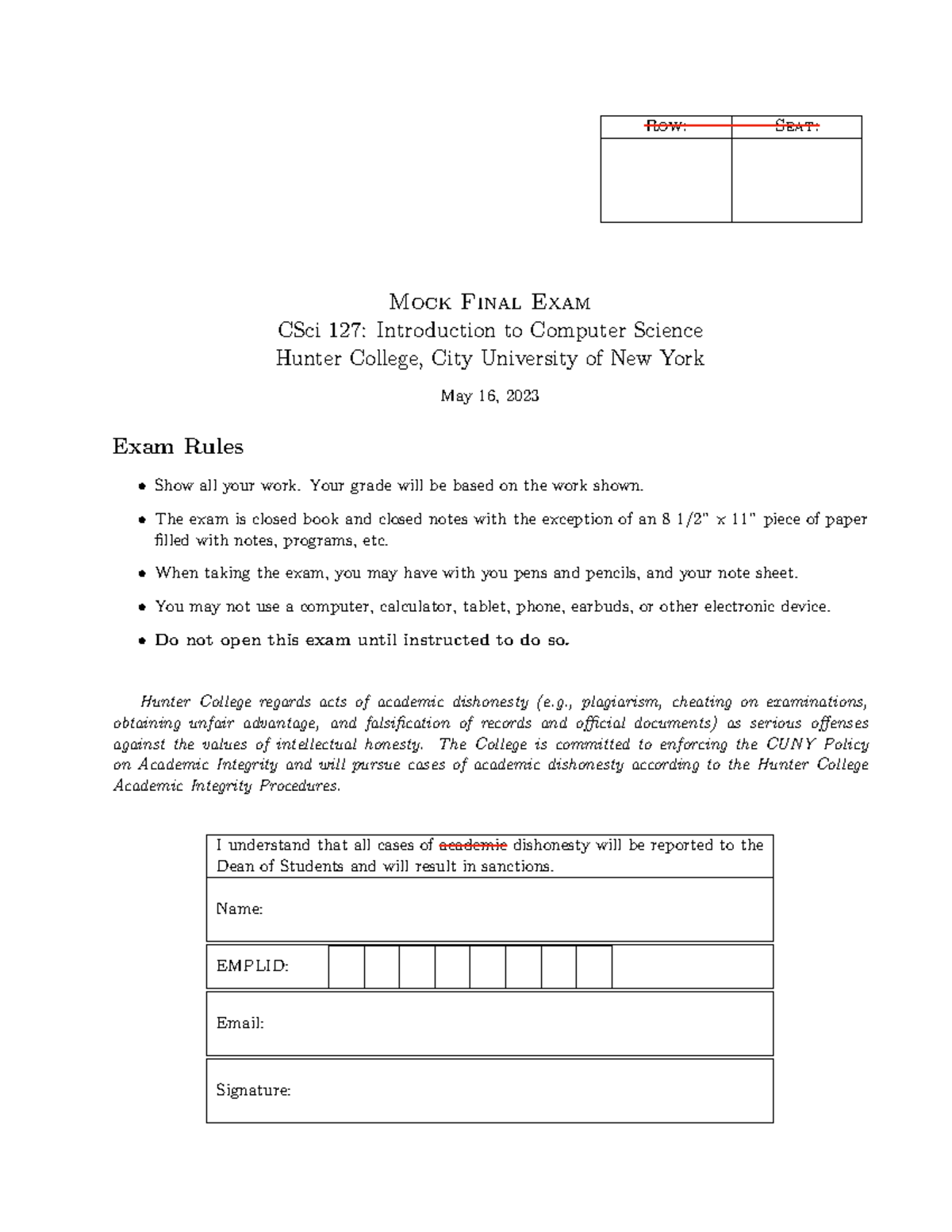 Mock Final Exam Answer Key for CSci 127 at Hunter College - Studocu