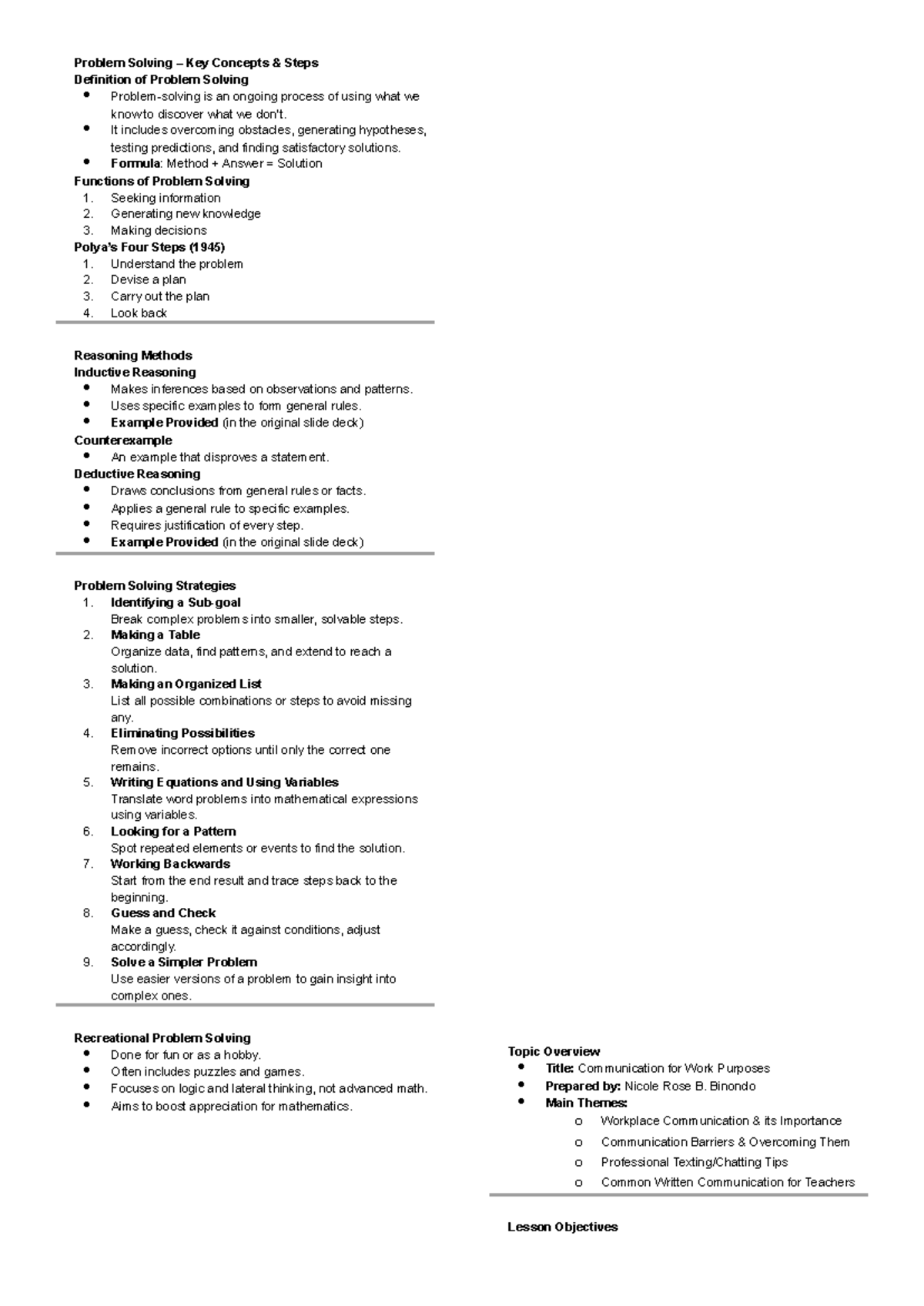 Problem Solving Strategies and Communication Skills for Work (MATH 101 ...
