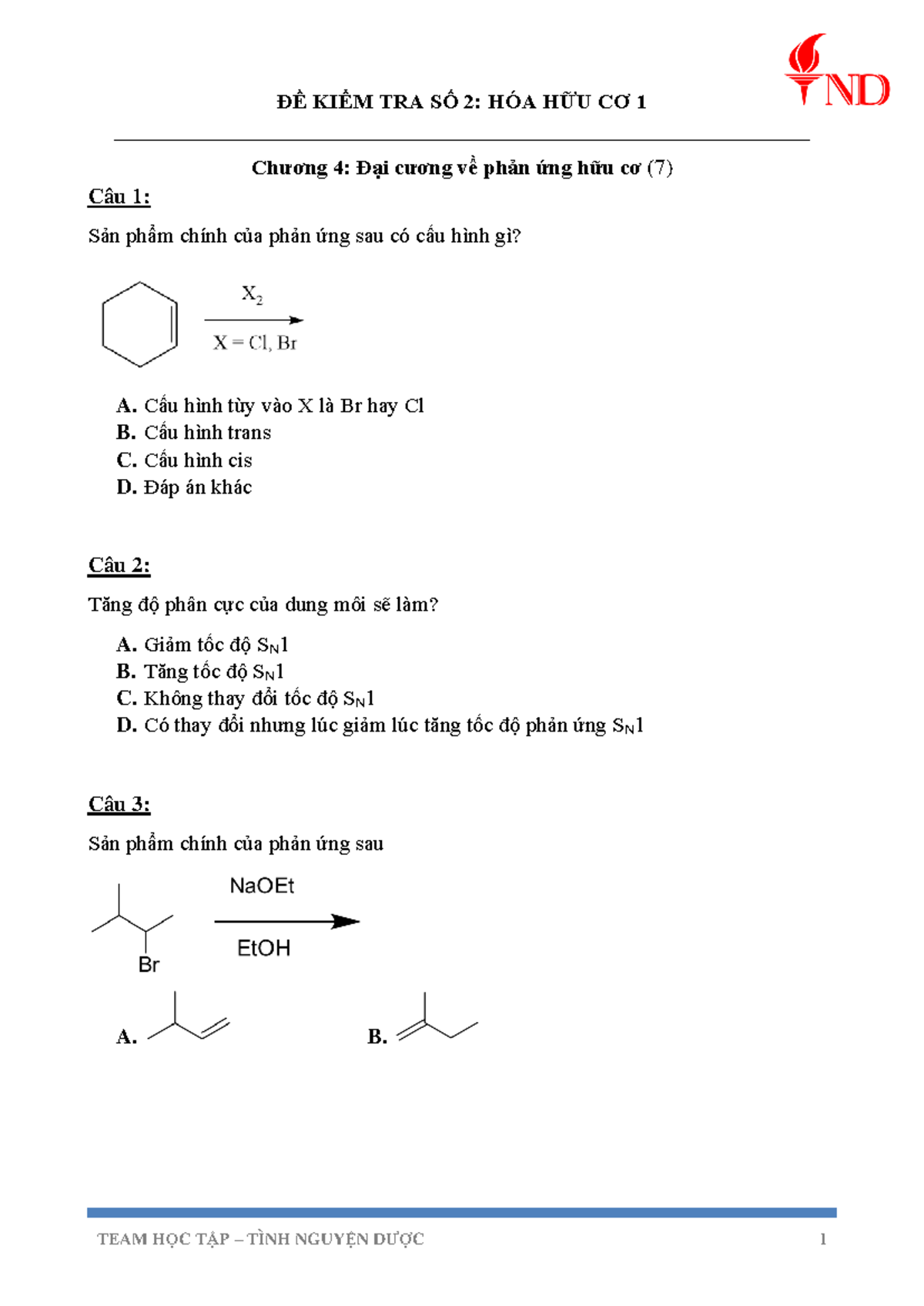 ĐỀ KIỂM TRA SỐ 2: HÓA HỮU CƠ 1 - Chương 4 & 5 - Document Preview