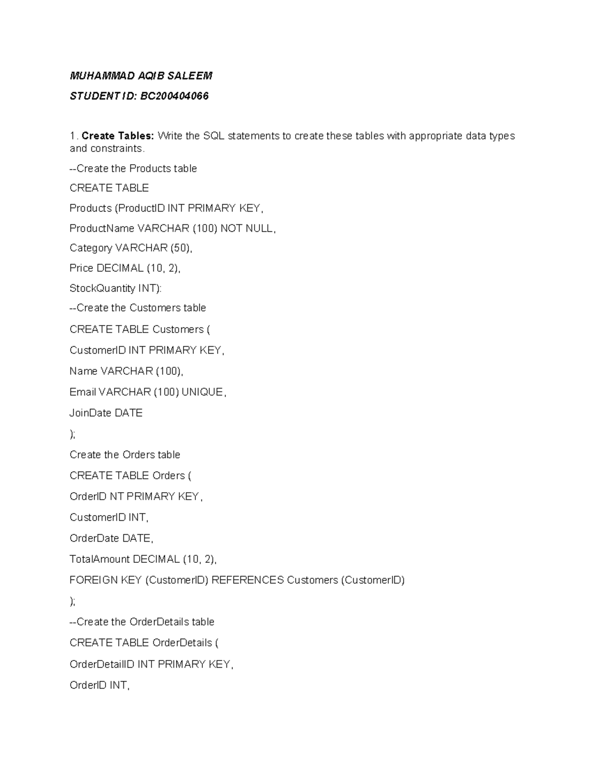 CS403 SQL Table Creation & Data Insertion Notes - BC2004 - Studocu
