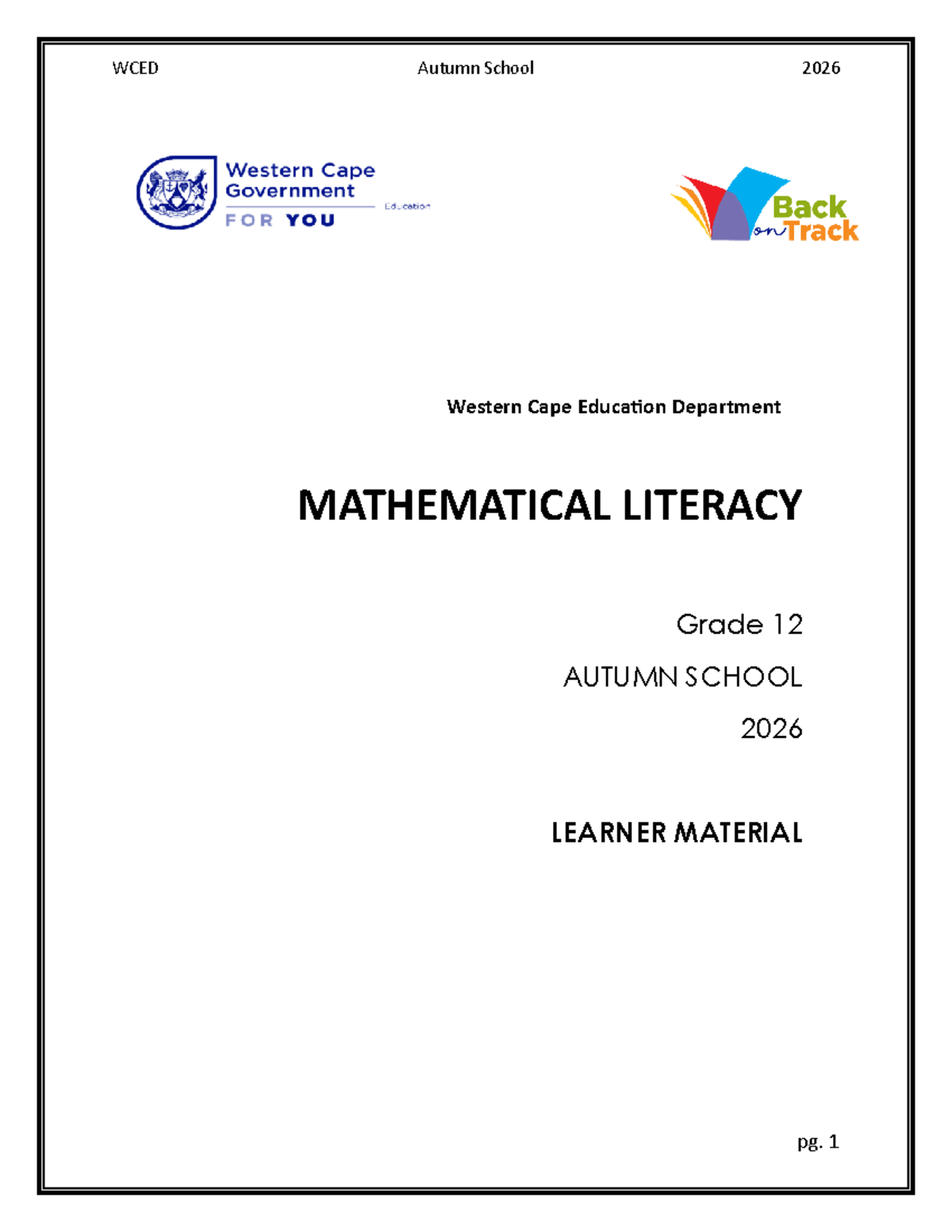 Math Lit Grade 12 WCED Autumn School 2026 Learner Material - Studocu