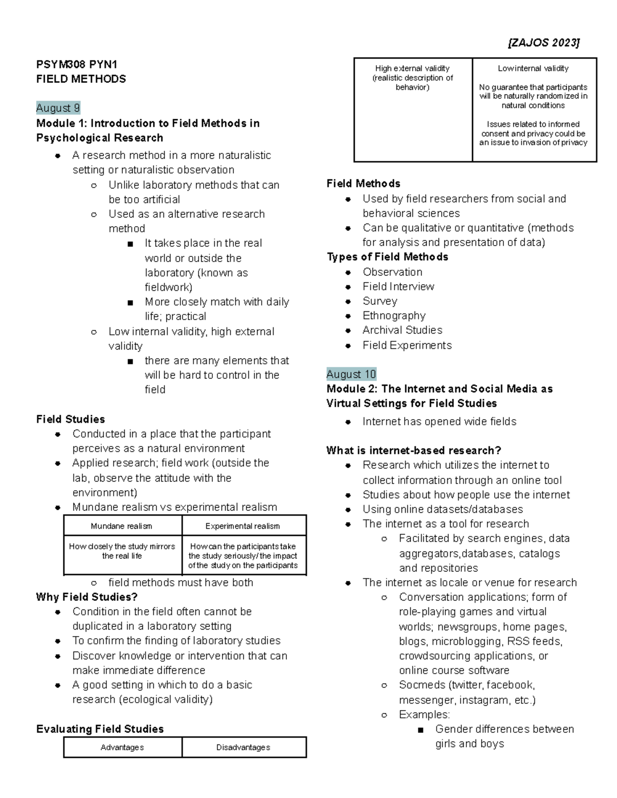 Field Methods Notes - Junior First Semester, SY 2023-2024 - PSYM308 PYN ...