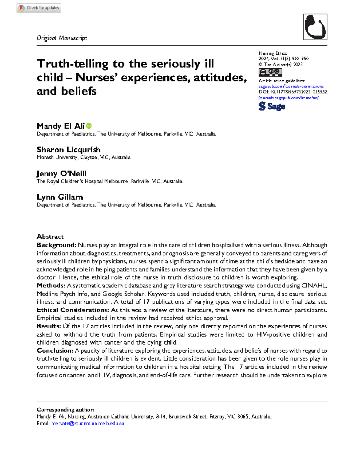 El Ali et al. 2023: Truth-Telling to Seriously Ill Children - Nurses ...