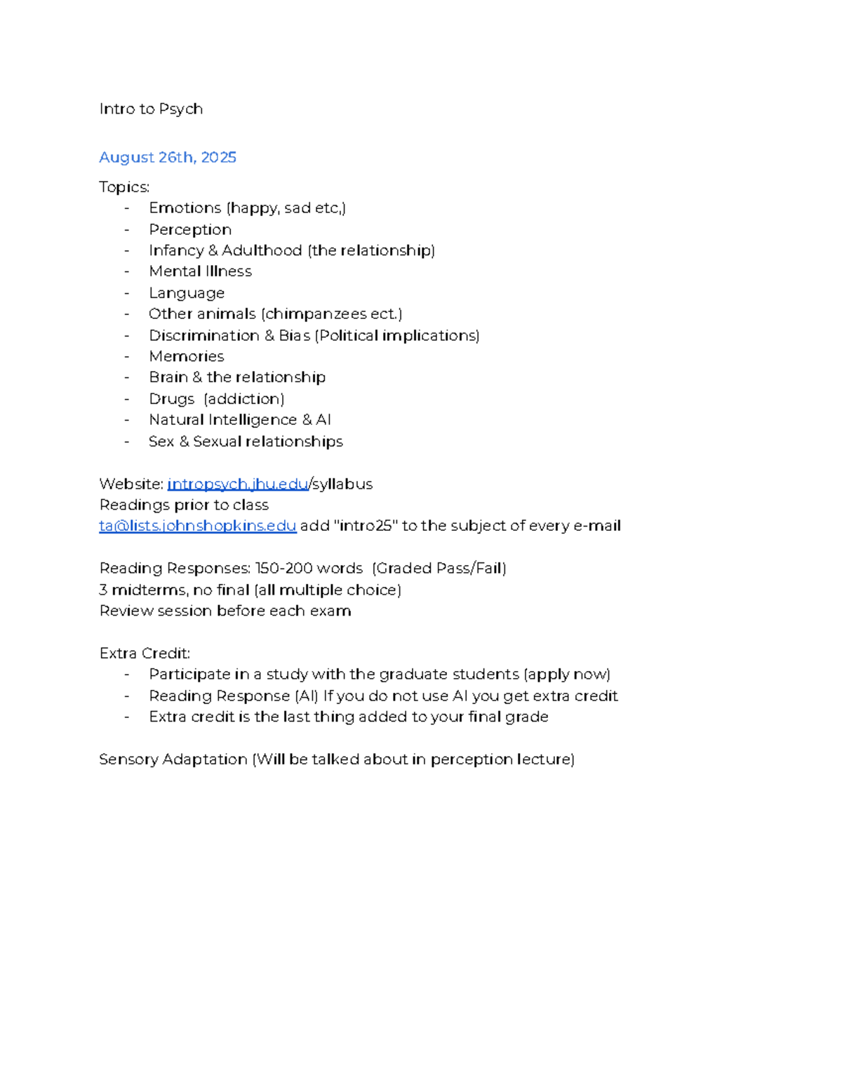Foundations of Psychology (PSY 101) Lecture Notes and Key Concepts ...