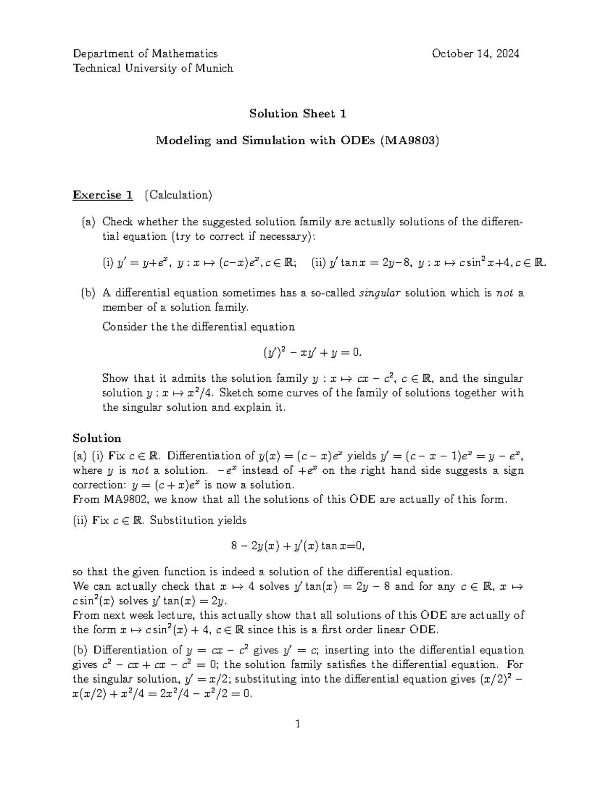 MA9803 - Exercise 1 Solution Sheet: Modeling & Simulation with ODEs ...
