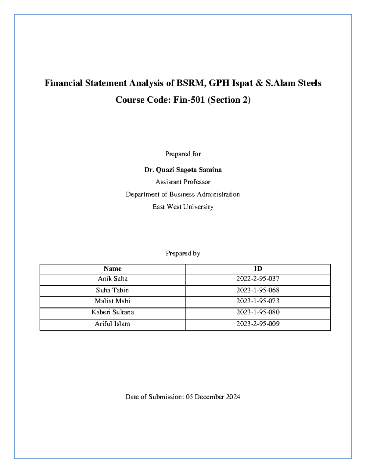 FIN 501 Term Paper - Financial Statement Analysis of BSRM, GPH Ispat ...