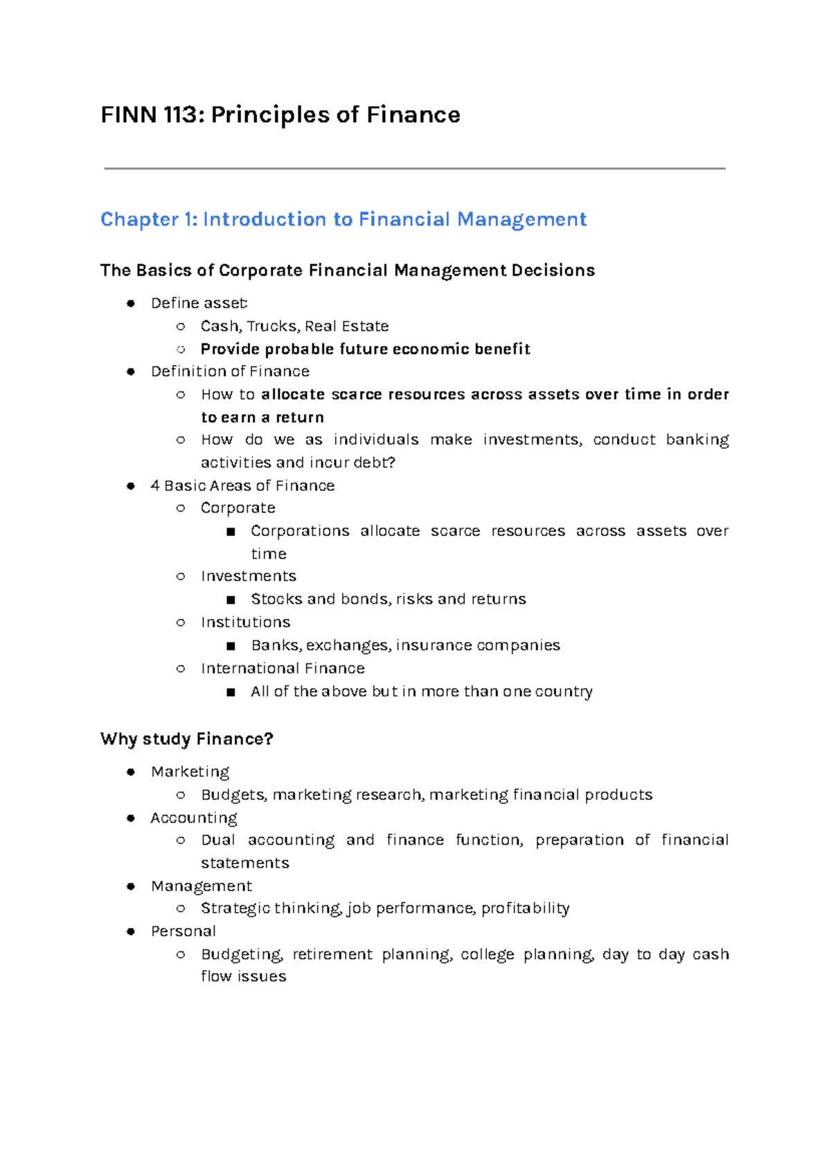 FINN 113 Notes - FINN 113: Principles of Finance Chapter 1 ...