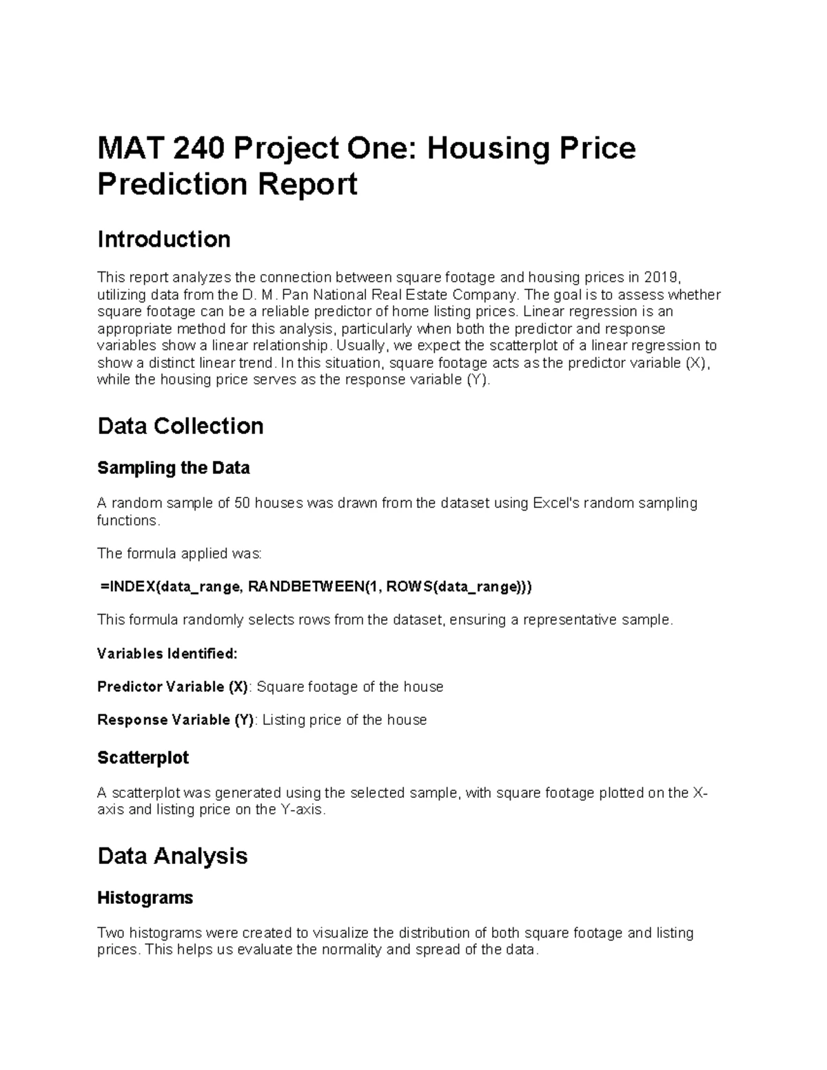 MAT 240 Project One Housing Price Prediction Report-4 - MAT 240 Project ...