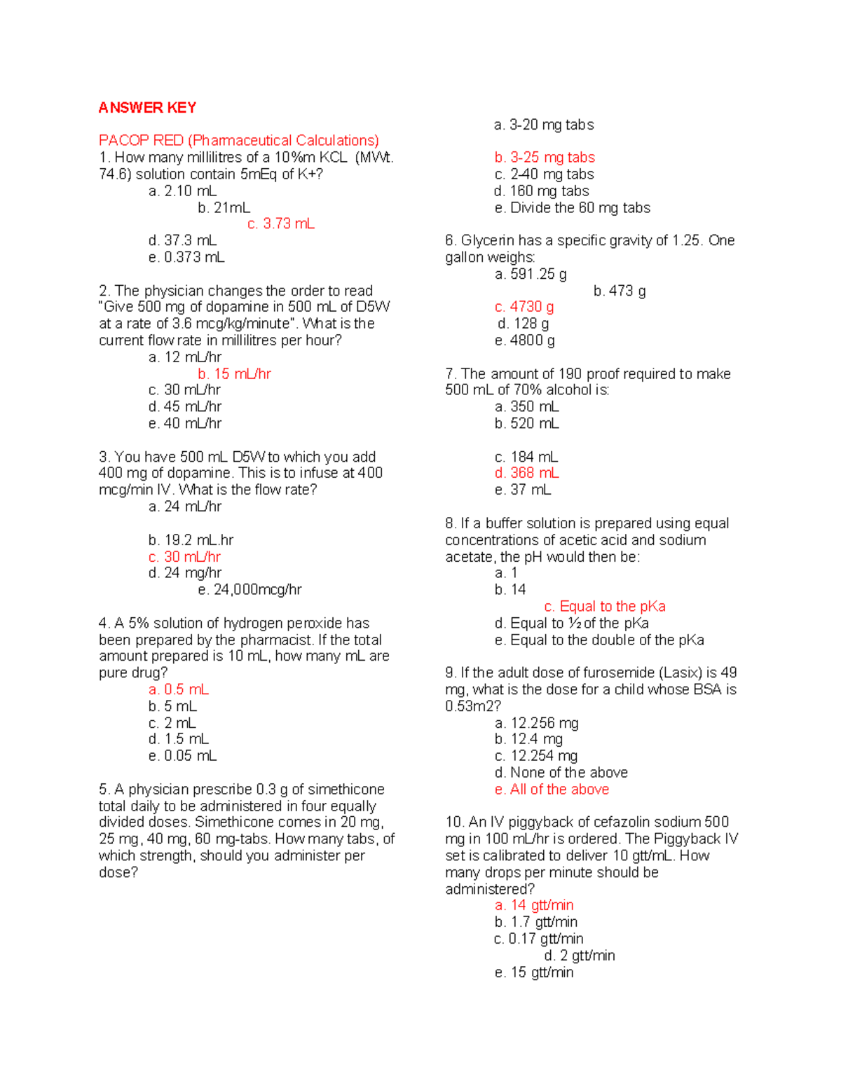 Pharmaceutical Calculations Answer Key - PACOP RED - Studocu