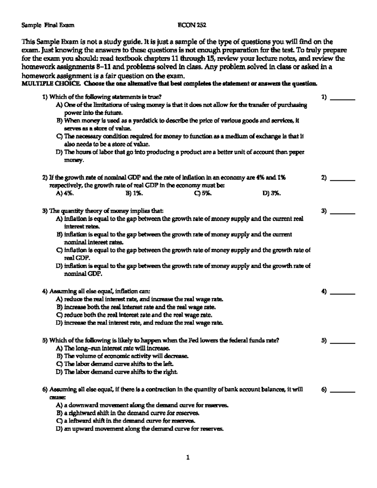 Sample Final Exam Review for ECON 252: Key Concepts & Practice ...