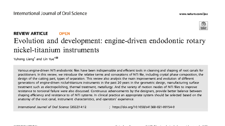 Evolution and Development of NiTi Rotary Instruments: A Review - Studocu