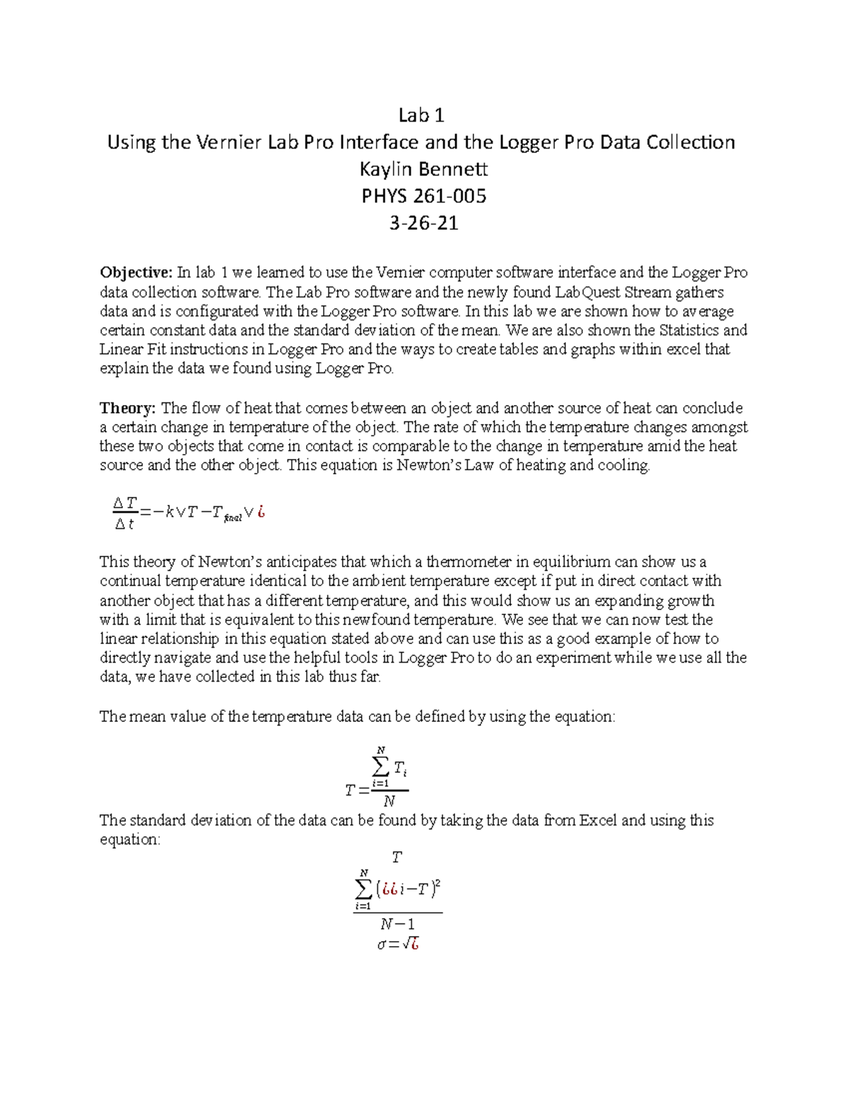PHYS 261 Lab 1 - Grade: A - Lab 1 Using the Vernier Lab Pro Interface ...