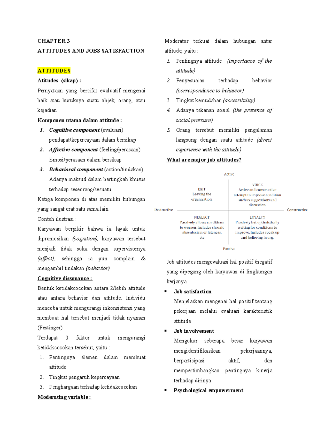 OB Chapter 3-4 - Summary of Attitudes & Job Satisfaction - Studocu