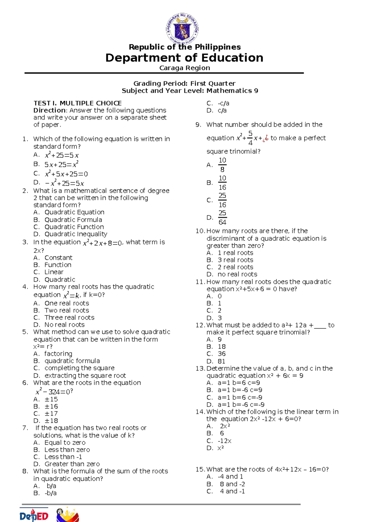 1st Quarter Exam in Math 9: Multiple Choice Questions - Studocu