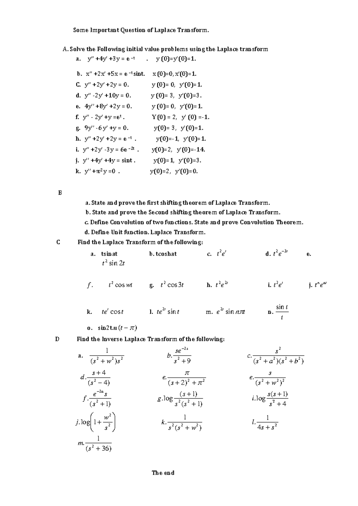 Laplace Transform Questions and Theorems: Important Topics and ...