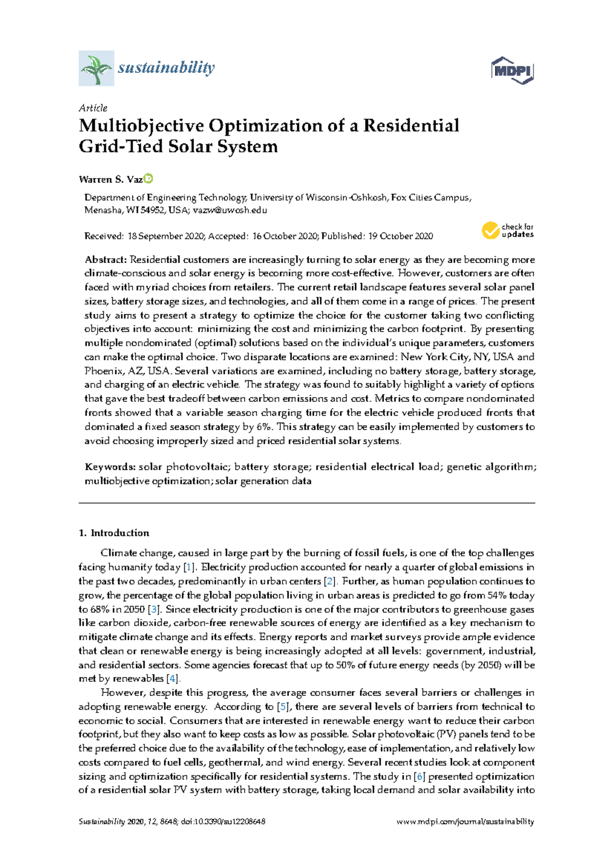 Multiobjective Optimization of Residential Solar Systems (ENGT 2020 ...