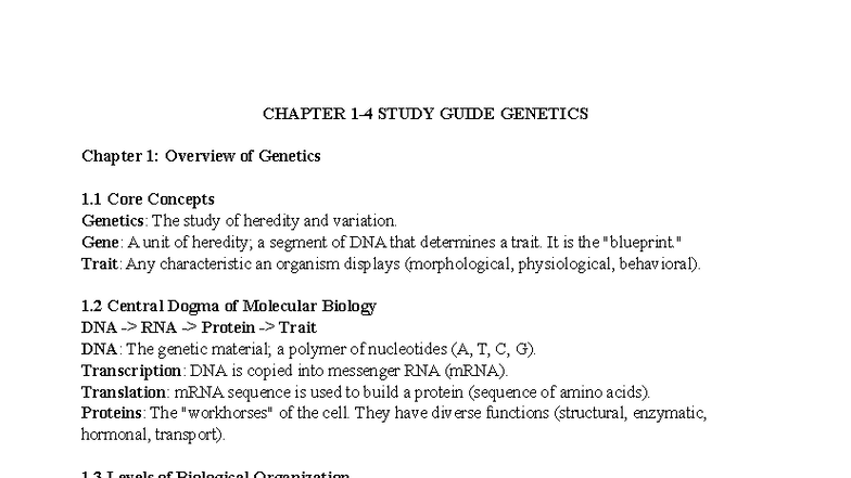 GEN 101 CHAPTER STUDY GUIDE: Genetics Overview and Key Concepts - Studocu