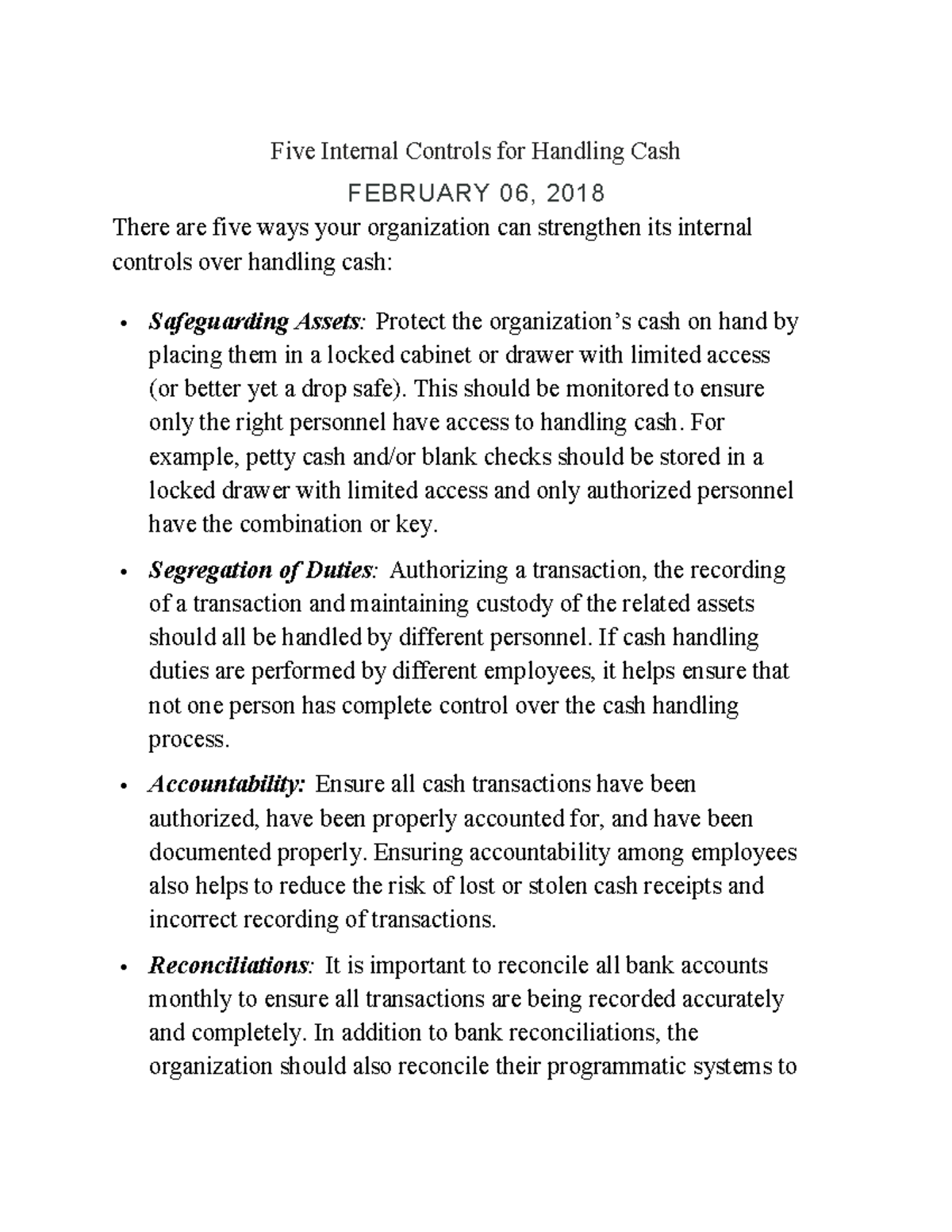 Five Internal Controls for Cash Management - Essential Guidelines - Studocu