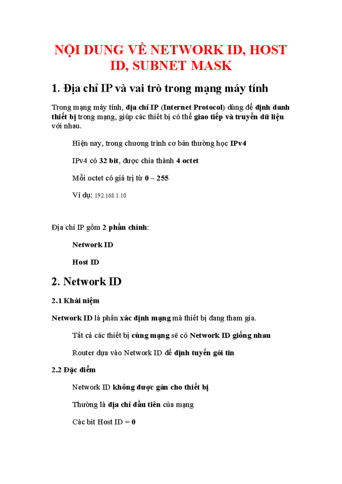 NỘI DUNG VỀ NETWORK ID, HOST ID, VÀ SUBNET MASK - Studocu