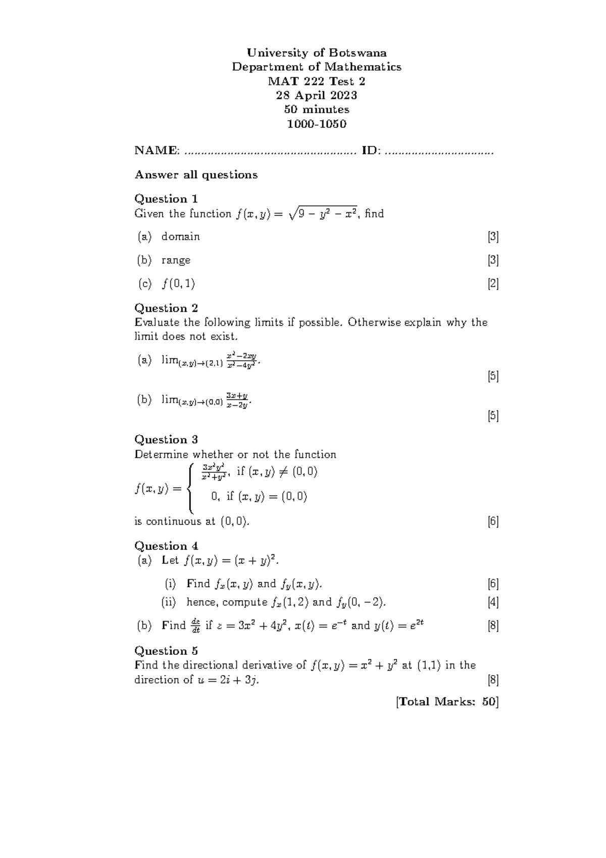 MAT 222 Test 2: Mathematics Functions and Limits - April 2023 - Studocu