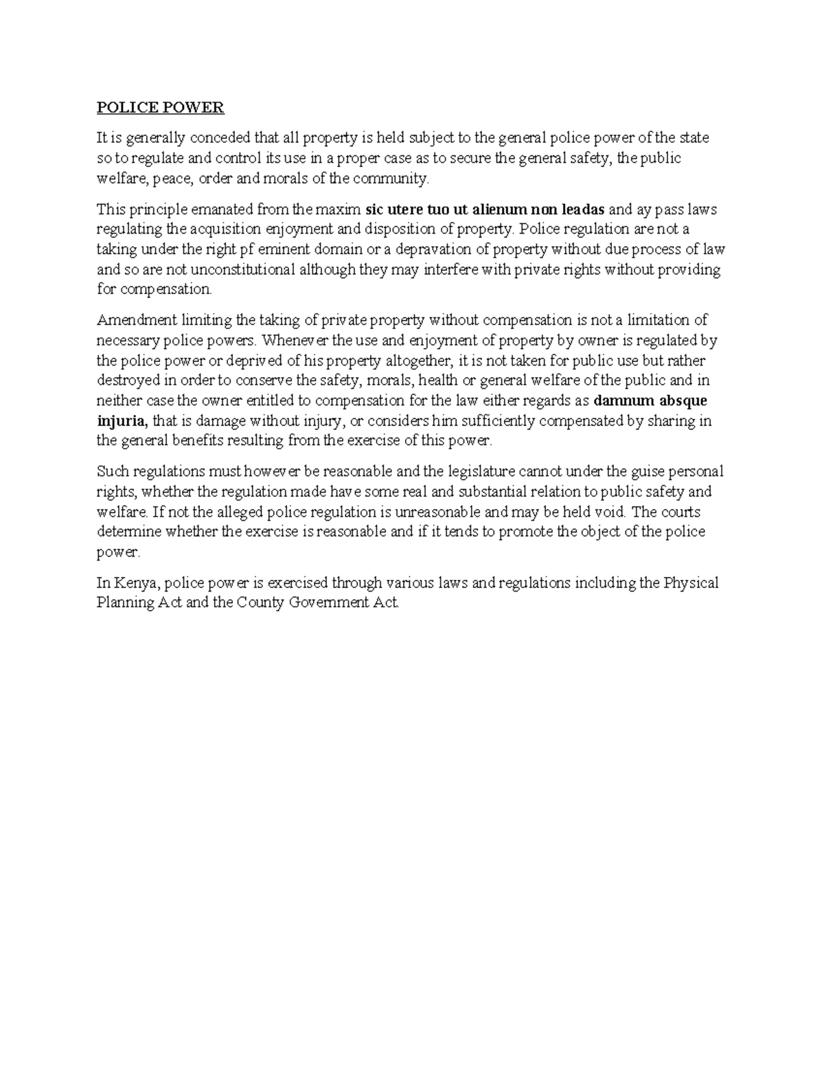 Police Power - Compulsory Aquisition - POLICE POWER It is generally ...
