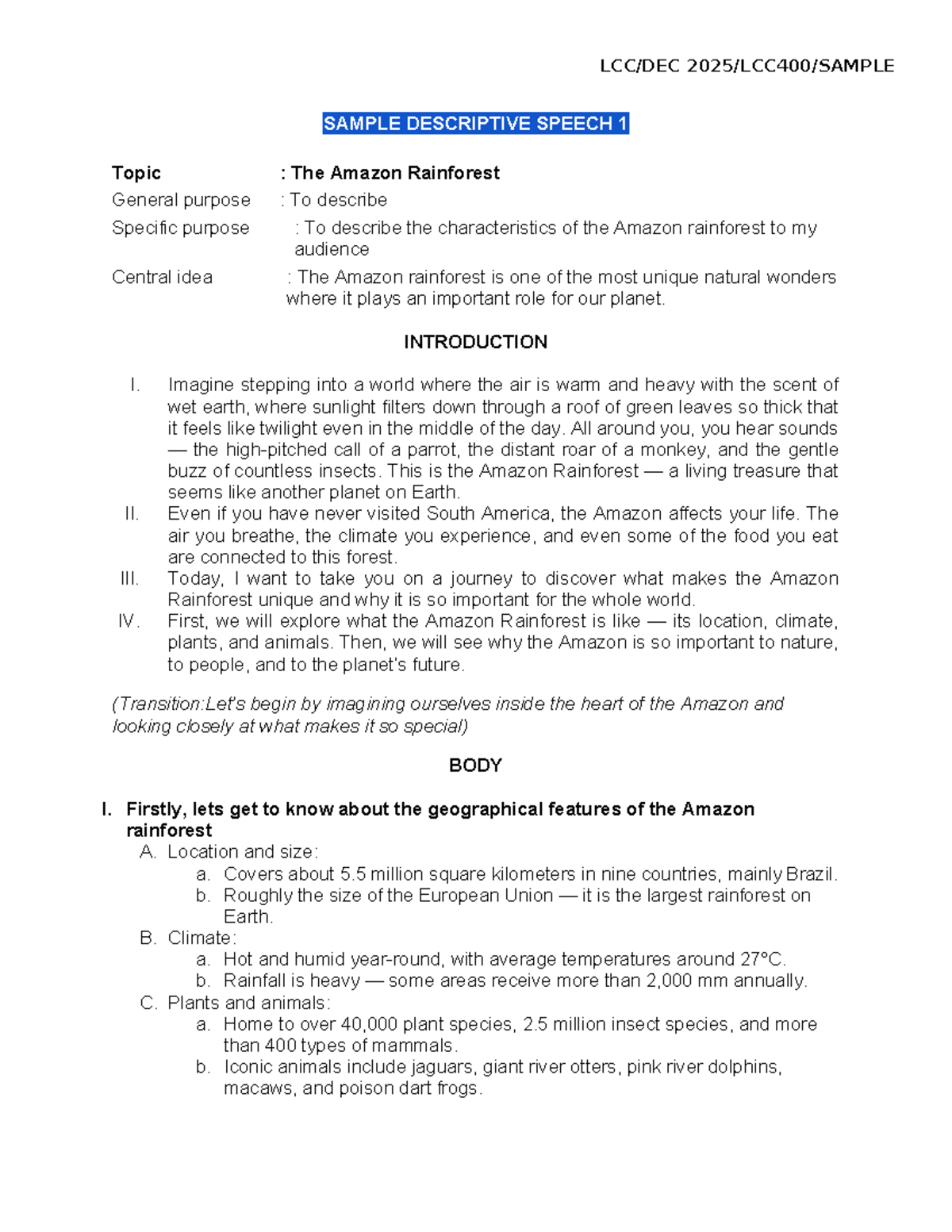 Assessment 2: Sample Descriptive Speeches on The Amazon Rainforest and ...