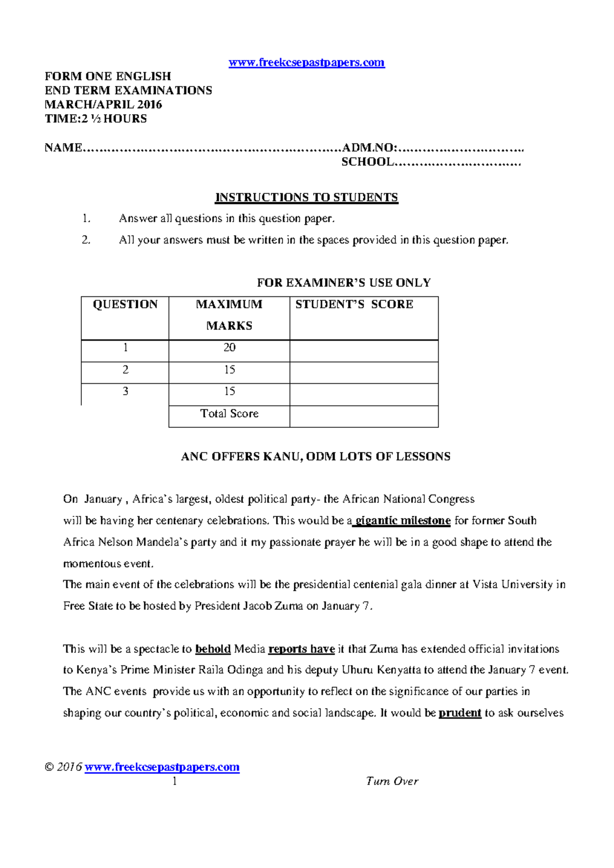 English 101 - Short Notes for Form One End Term Exam 2016 - Studocu