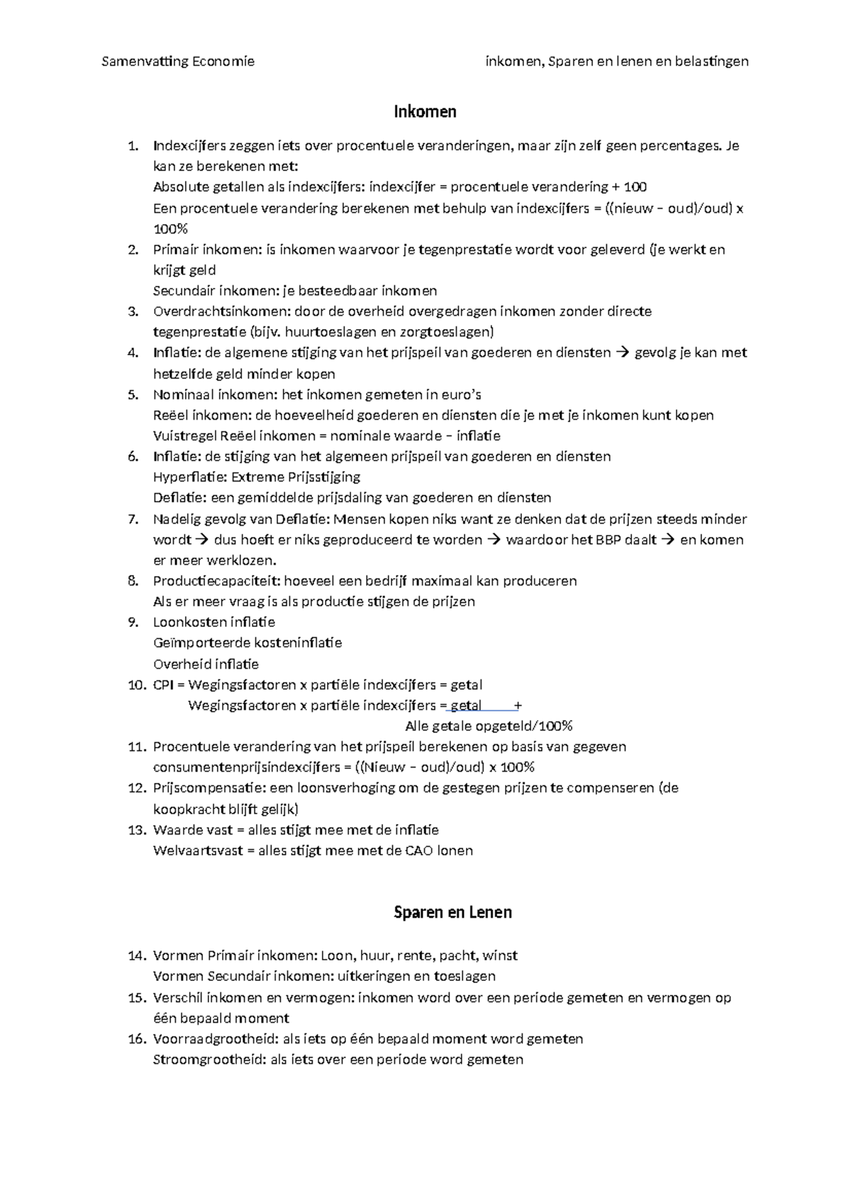 SE I - Samenvatting Inkomens, Sparen, Lenen en Belastingen - Studeersnel