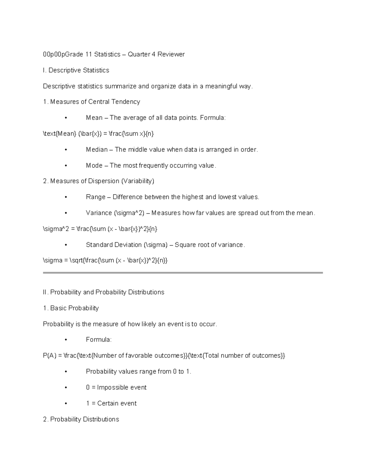 Grade 11 Statistics Q4 Reviewer: Descriptive & Inferential Stats - Studocu