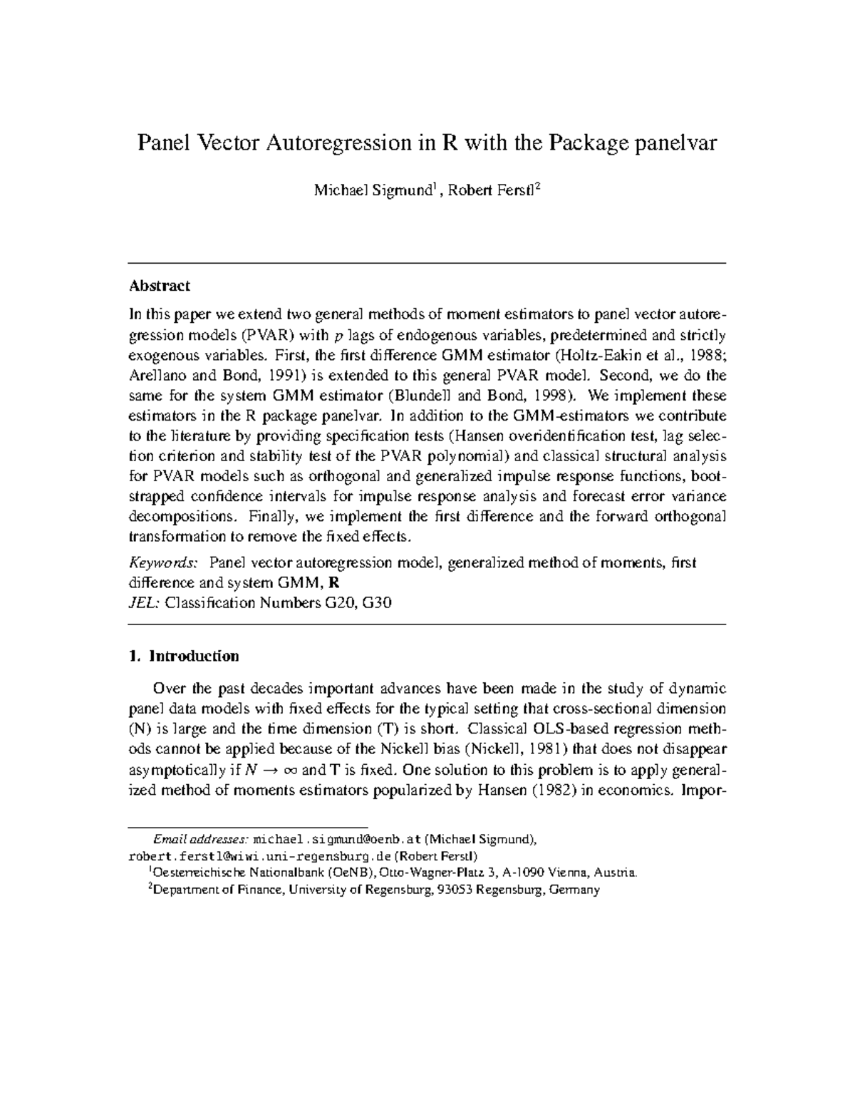 2011 Sigmund - Lecture panelvar - Panel Vector Autoregression in R with ...