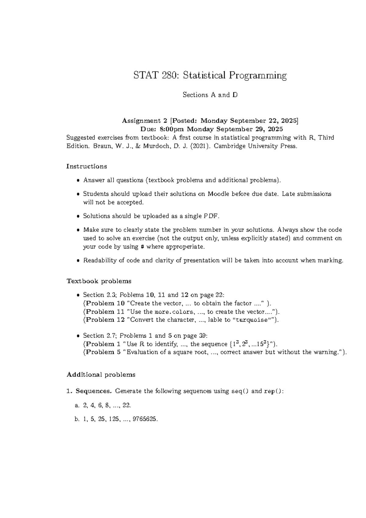 STAT 280: Assignment 2 - Statistical Programming with R - Studocu