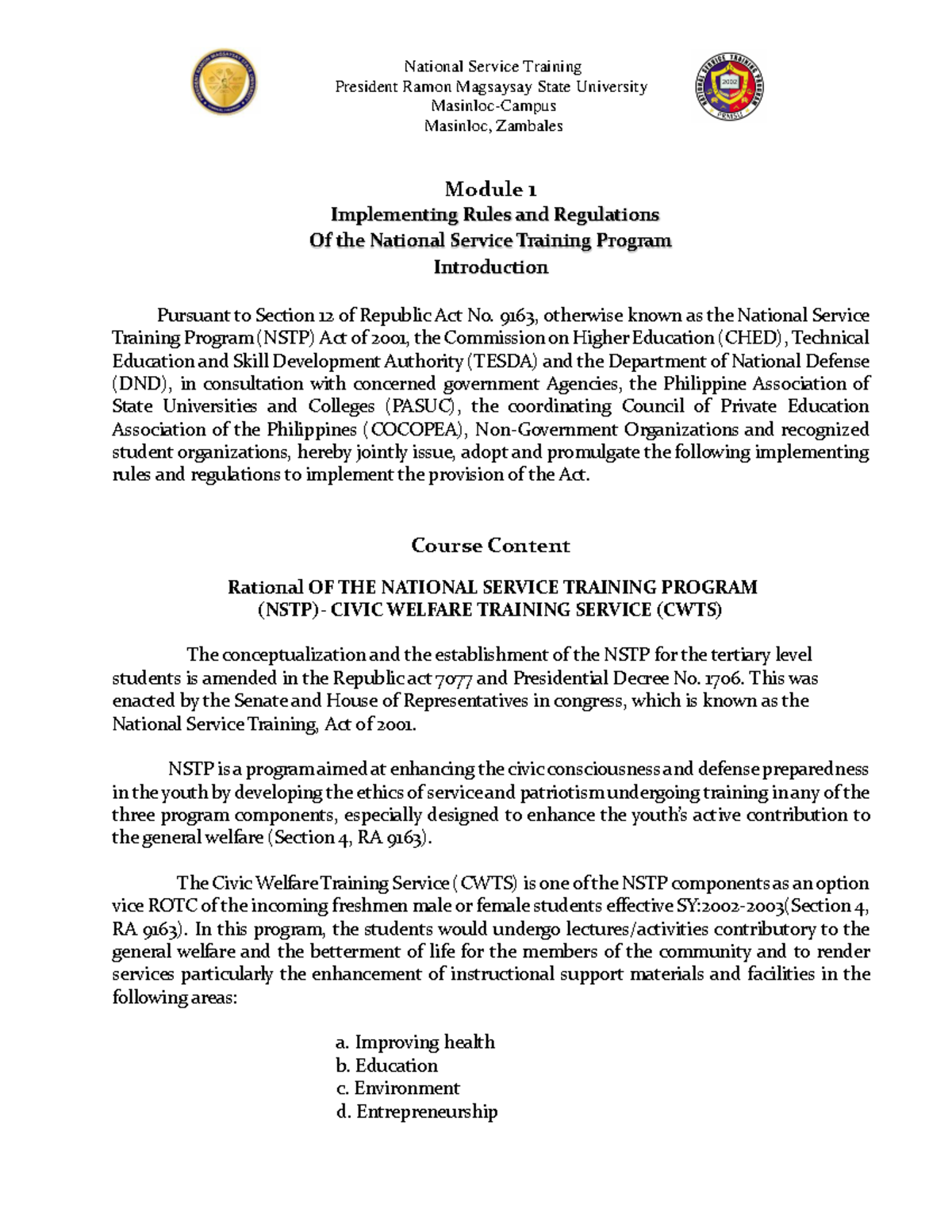 NSTP- Common Module for 1st SEM - 2023-2024: Implementation ...