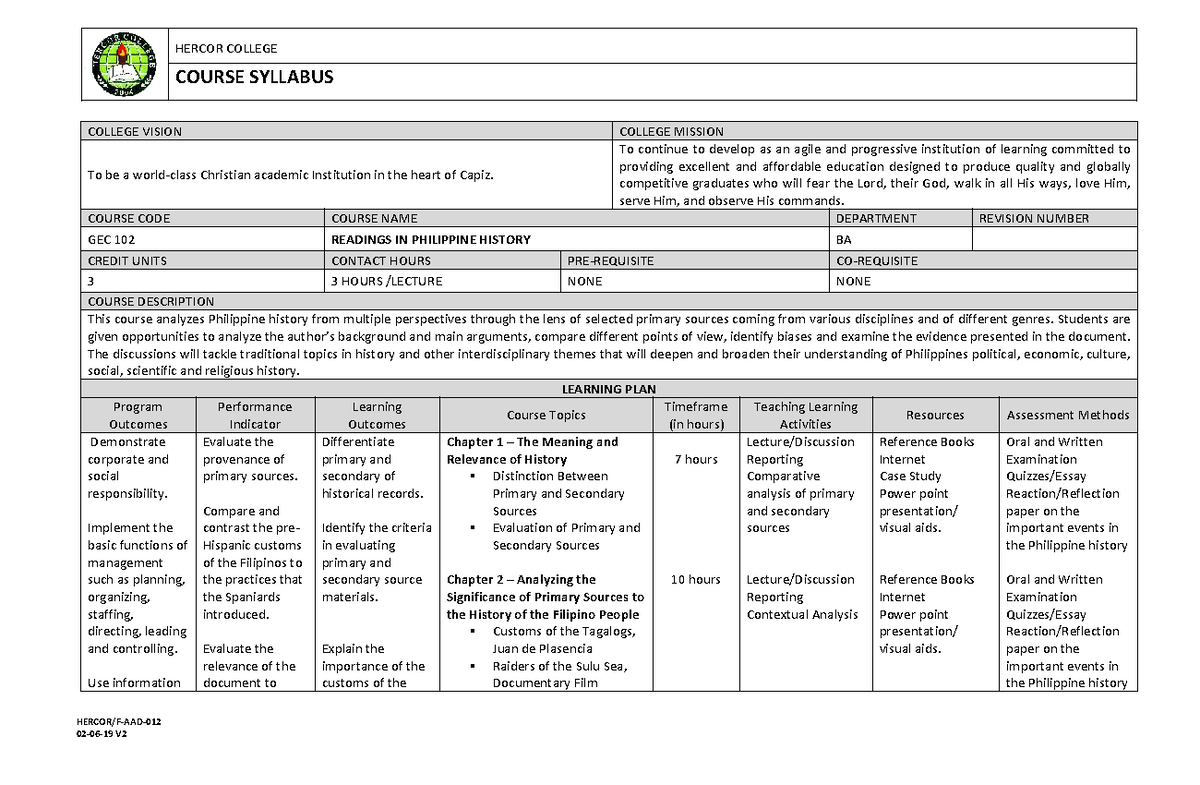 GEC 102 Course Syllabus: Readings in Philippine History - Studocu