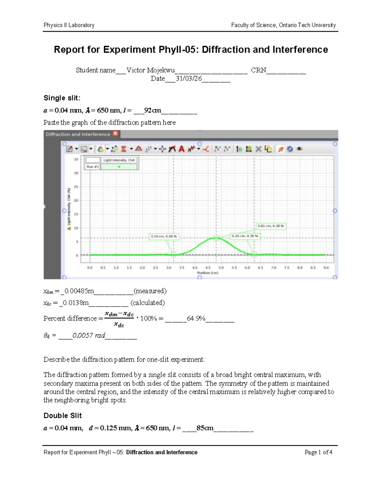 Physics II Lab Report: Experiment PhyII 05 on Diffraction ...